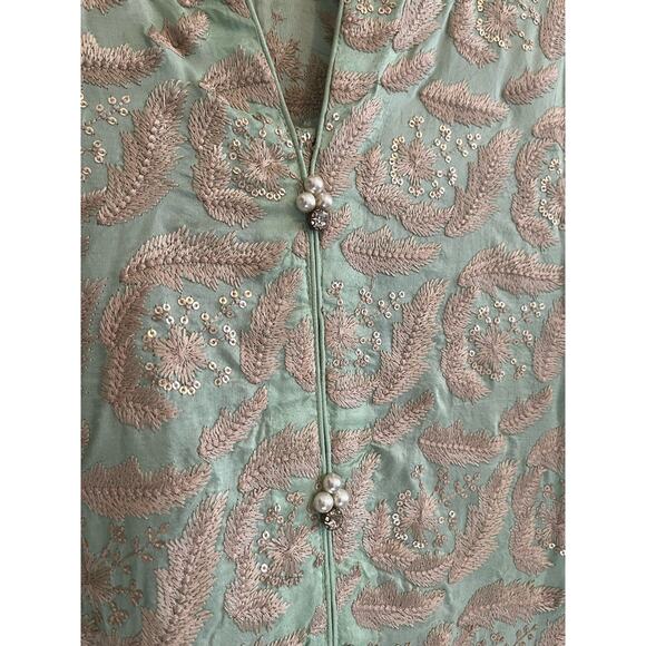 Agha Noor Embroidered Pearl Accents Chiffon Light Green Pistachio Top Sz Medium - Picture 5 of 10